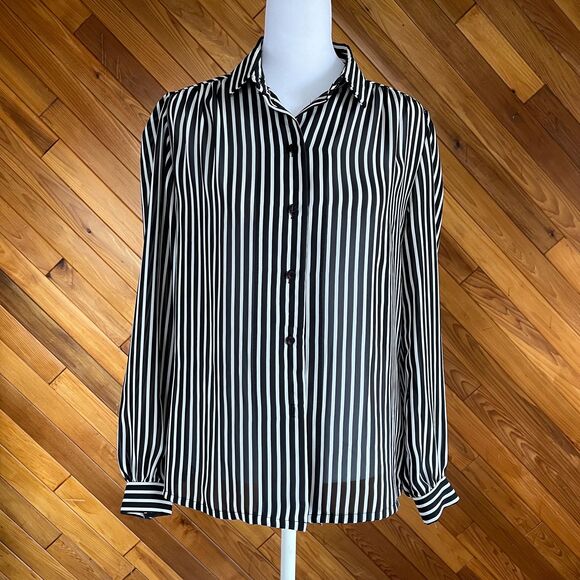 Vintage 80s Black and White Vertical Striped Blouse - Picture 1 of 4